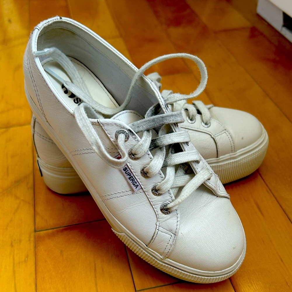 White Leather Superga Platform Sneakers
